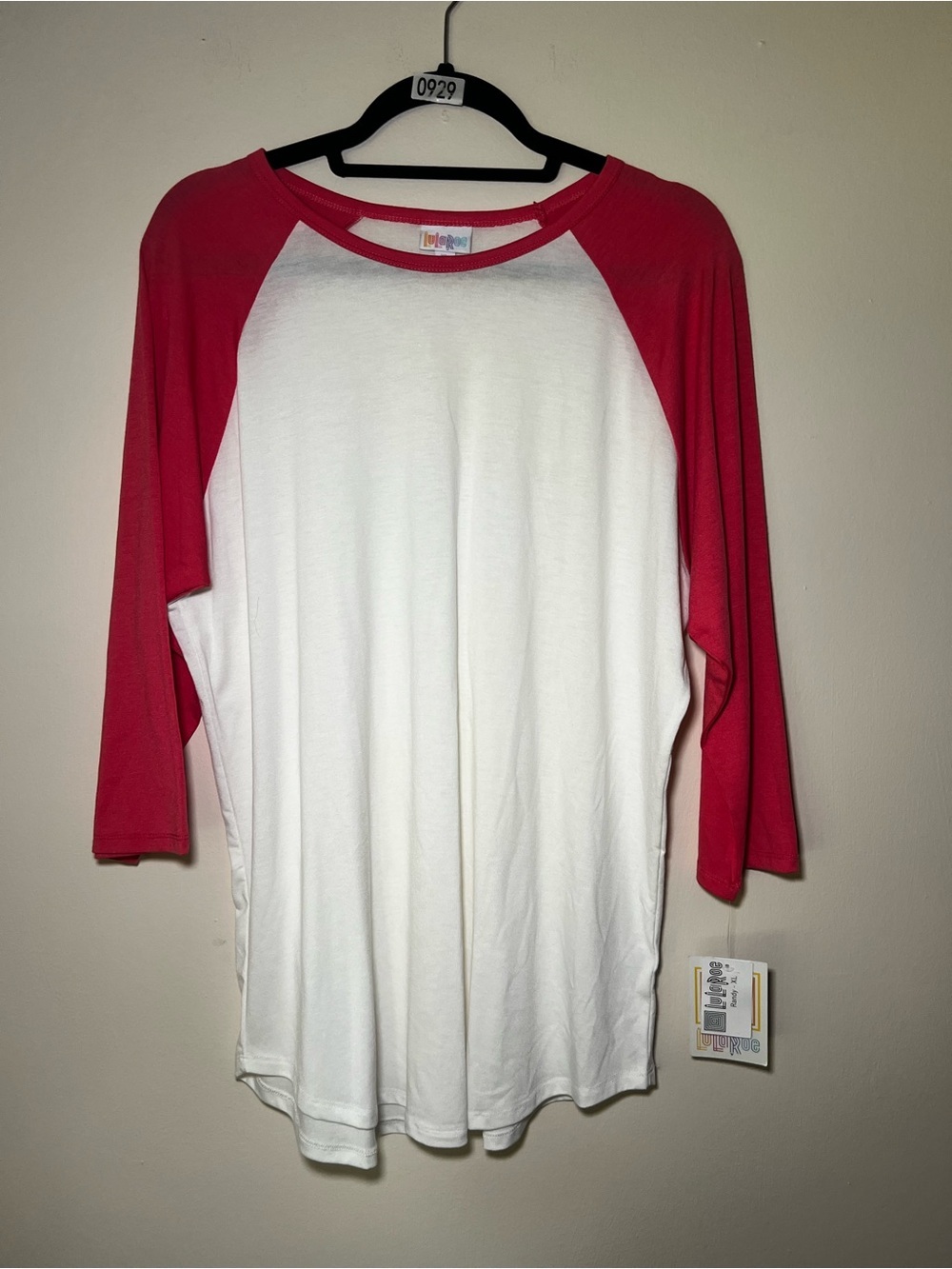 LuLaRoe Randy White Baseball Tee with Red Raglan Sleeves